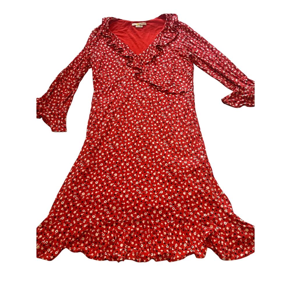 Boden Michaela Jersey Ruffle Dress Red Rosehip Daisy Ditsy J0153 Sz US 8R UK 12R